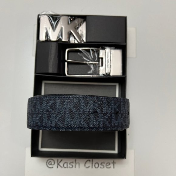 Michael Kors Mens Belt Set 4 in 1 Reversible MK Signature Gift Box Admiral Blue - Picture 1 of 7